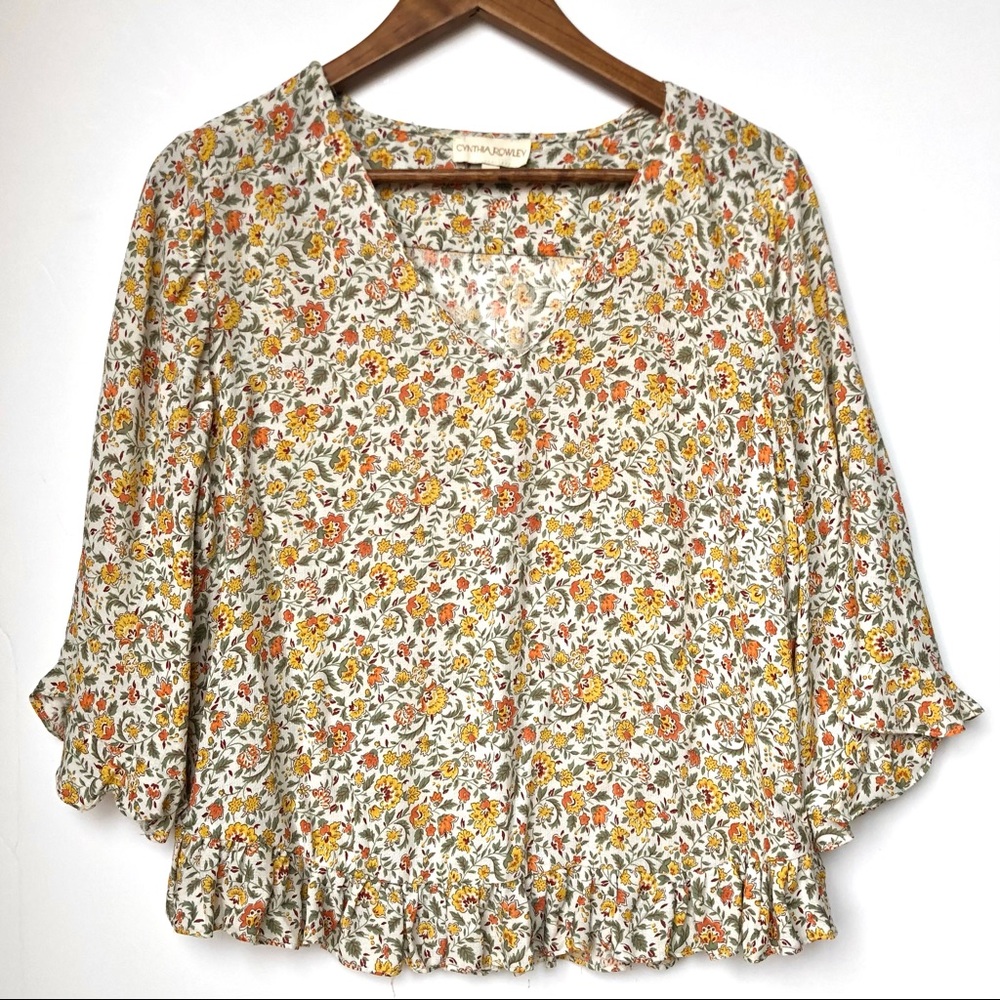 Cynthia Rowley Floral Ruffle Sleeve and Hem 3/4 Sleeve Top
